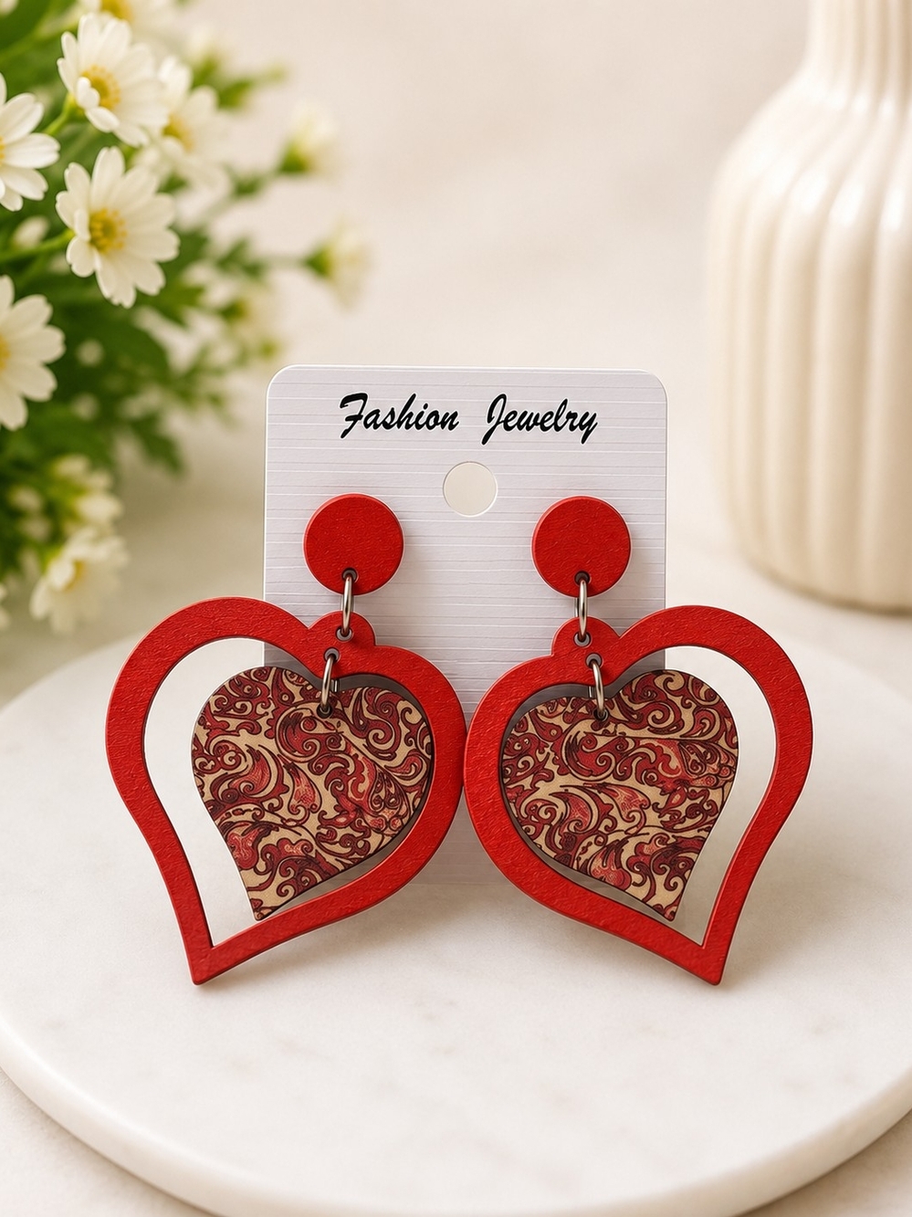 Fashion Jewelry Red Patterned Heart Dangle Earrings